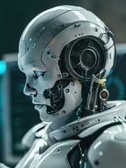 Fototapeta premium Robot Head with Computer Background