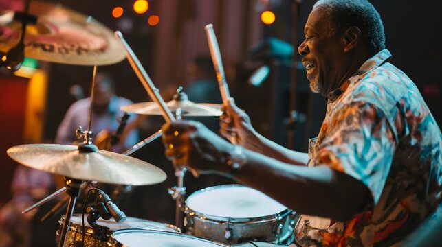 An African American black man, a professional drummer, in t-shirt, playing on drums on a club stage, at a party or at a concert. Musical entertainment and performance and jazz or rock music rhytm
