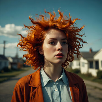 bad hair day for a lovely girl with red curly hair on the street