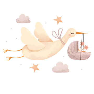 A cute stork carries a baby in a boho style basket. Watercolor hand painted illustrations for baby shower isolated on white background.