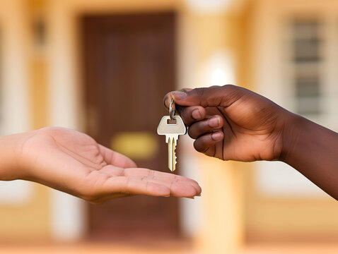 Hands receiving keys of new home - real estate transaction concept