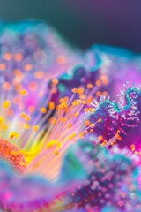 colorful microscopic view of pollen grains on a flower stamen, detailed and scientific, vivid purple and yellow hues