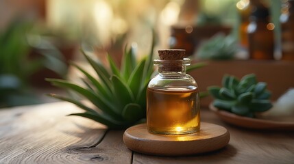 Aloe vera essential oil, agave oil and plant on wooden background
