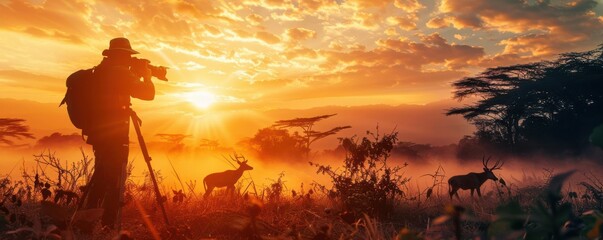 Silhouette of a photographer capturing a sunset in the savanna.