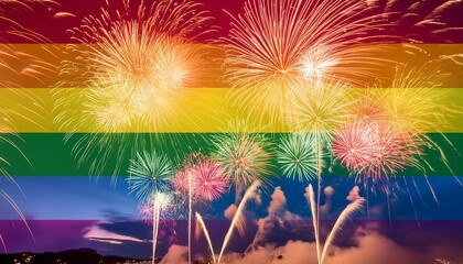 A colorful fireworks display exploding in the night sky, with a large rainbow flag flying in the background.