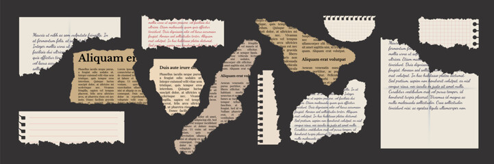 Set of torn paper. Notepad sheets, scraps of notebook page, torn letter and newspaper. Vector design template in aged style.