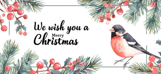 Christmas card with text "We wish you a Merry Christmas", holly branches mistletoe fir branch and bullfinches on a white background, illustration in watercolor style in pastel colors.