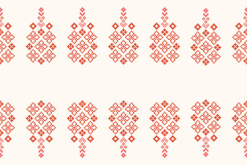 Traditional ethnic motifs ikat geometric fabric pattern cross stitch.Ikat embroidery Ethnic oriental Pixel brown cream label background. Abstract,vector,illustration. Texture,decoration,wallpaper.