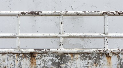 White Metal Railing with Rust on Concrete Wall.