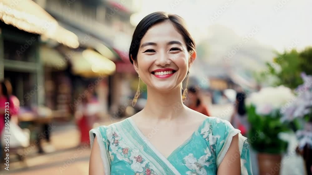 Poster Woman smiling walking on a city street