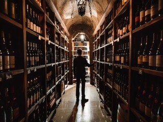 Obraz premium Silhouette of a Man Exploring a Wine Cellar