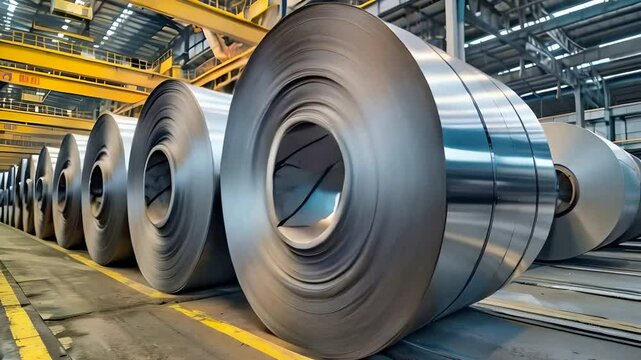 Rows of shiny rolled steel coils, moving in industrial warehouse of a metal factory, metalwork manufacture