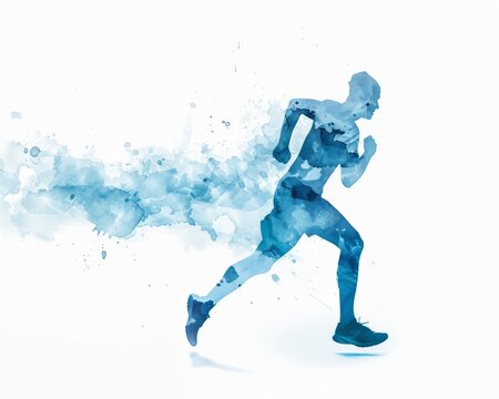 Watercolor art of a runner breaking through the finish line, signifying proactive attitude and achievement, dynamic and bold hues