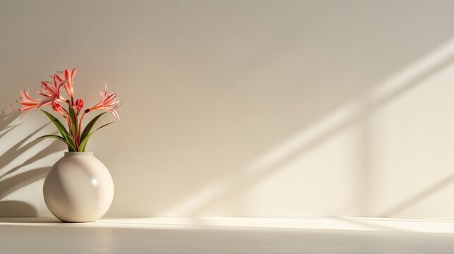 Pink nerine flowers in a white vase on a table, bathed in sunlight