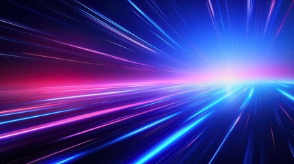 Dynamic abstract light streaks in motion, featuring vibrant blue and pink lines streaming towards a bright horizon in a futuristic style.