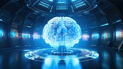 Futuristic depiction of a glowing digital brain in a high-tech environment, symbolizing artificial intelligence and advanced technology.