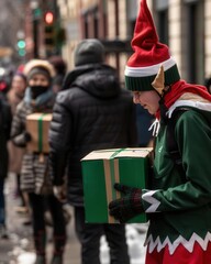 Shoppers pausing to donate to a holiday charity drive, a volunteer dressed as an elf collecting donations