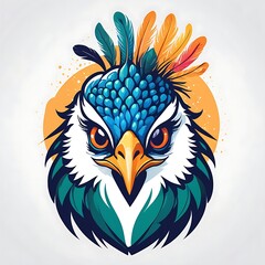 Peacock head with detailed feathers and intense eyes. Suitable for animal related designs, nature inspired projects, and vibrant decorative elements. Mascot, logo, design, t-shirts, stickers