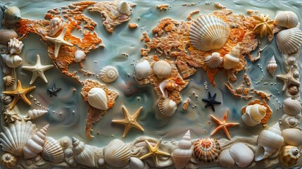 Obraz premium Artistic world map decorated with various shells and starfish against a sandy and oceanic background.