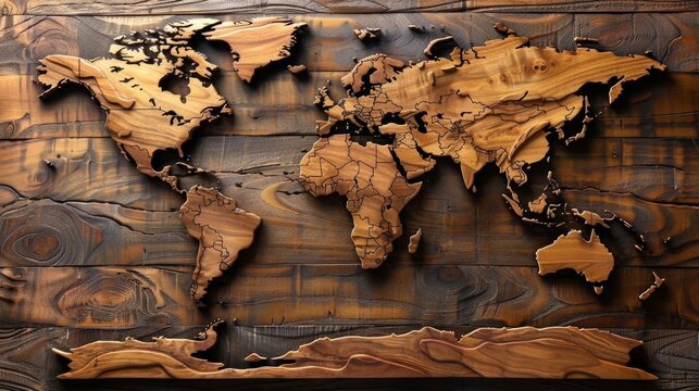 Intricately carved wooden world map showcasing continents and countries on a rustic wooden background, viewed from the top. - Powered by Adobe