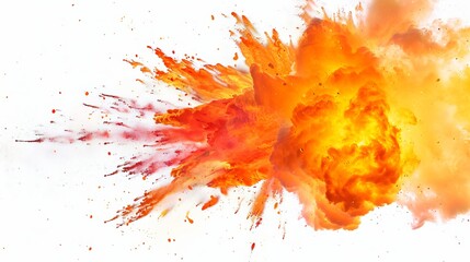 A bright and fiery explosion with  orange and yellow flames, set against a white background.
