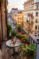 Obraz premium flowers on a balcony looking down on the street