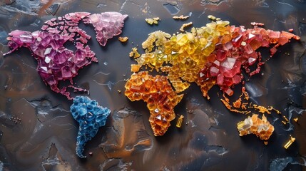A world map depicted with colorful gemstones decorating different continents in an artistic and creative manner.