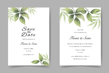 wedding invitation card set design. beautiful watercolor leaves