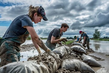 Volunteers building sandbag wall to prevent flood