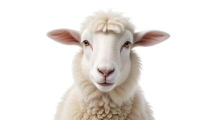 A close-up of a white sheep with a fluffy coat, featuring a gentle expression. The sheep has large, expressive eyes and small ears, with a light-colored face and a tuft of wool on its forehead. 