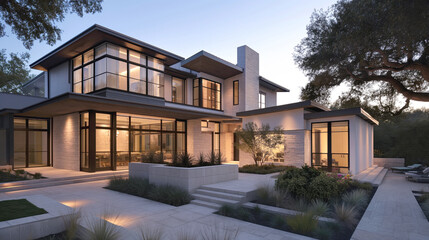 A modern two-story house with large windows and a well-lit exterior, featuring a spacious patio, landscaping, and outdoor seating at dusk.