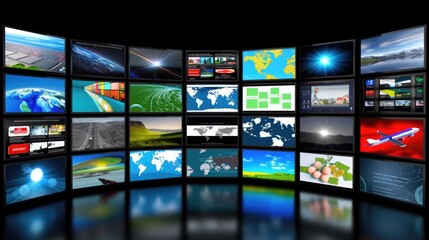 Hundreds of digital screens are arranged on a curved wall in a dark room. Each screen displays a different image, creating a dynamic and colorful display