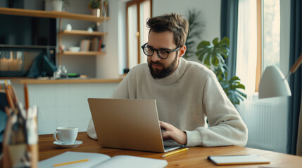 Fototapeta premium Man with glasses and beard working on a laptop at a wooden table in a well-lit home office with plants and shelves in the background.