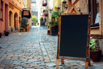 Empty Chalkboard Sign on Cobblestone Street in Europe