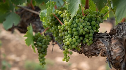 Fototapeta premium Green grapes hang in bunches on a vine, surrounded by healthy leaves. The perfect grapes for making wine in the Penedes region of Spain.