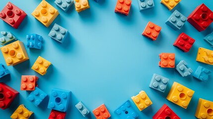 Colorful Plastic Building Blocks on Blue Background.