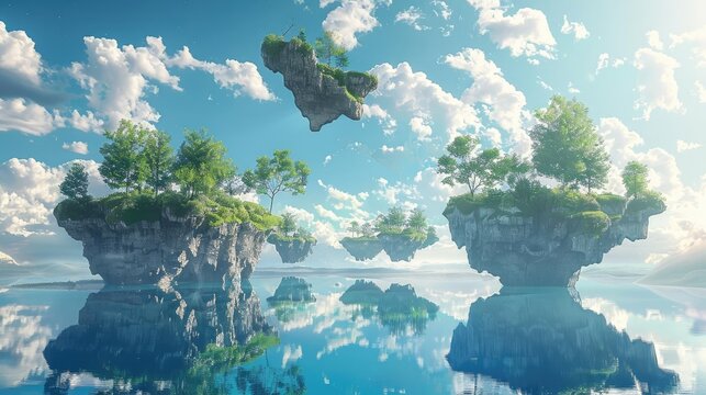 Surreal landscape with floating islands and shifting perspectives, illustrating the concept of alternate realities