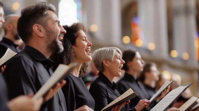A diverse choir group singing with sheet music in a formal setting with stained glass windows in the background.