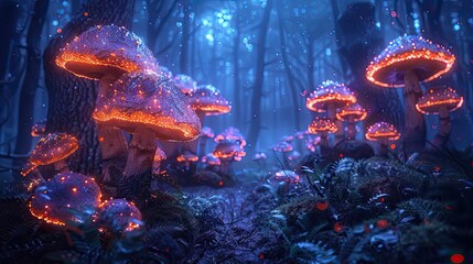 Enchanted forest with glowing mushrooms and mystical creatures, showcasing a magical and otherworldly scene