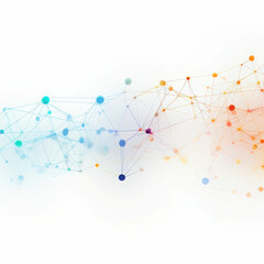 Intricate Abstract Network of Interconnected Dots and Lines in Gradient Shades of Blue and Orange Against a Minimalist White Background