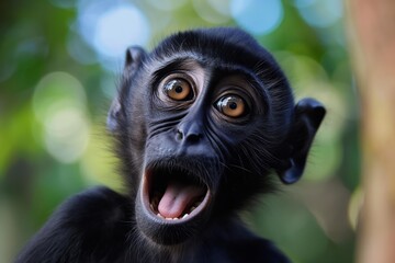 Fototapeta premium A young primate situated in its natural habitat, with a beautifully blurred bokeh background and curious demeanor.