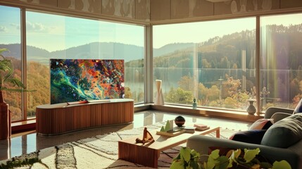 Fototapeta premium A modern living room with a flat-screen television on a wooden entertainment center. The TV is displaying a scenic image of trees and water.