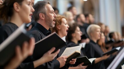 A group of choir members singing during a performance, holding sheet music and dressed in formal attire, in a church or concert hall.