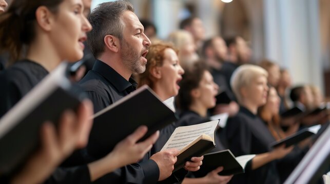 A group of choir members singing during a performance, holding sheet music and dressed in formal attire, in a church or concert hall.