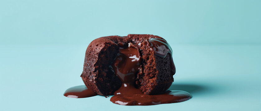 Chocolate Lava Cake with Melting Center on a Light Blue Background, perfect for dessert menus, chocolate promotions, and gourmet food photography
