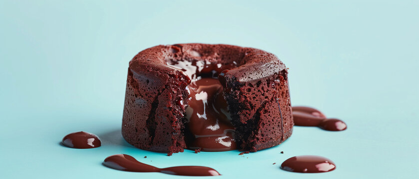 Decadent Chocolate Lava Cake with Oozing Center on a Blue Background, perfect for luxury dessert menus, chocolate advertising, and food photography
