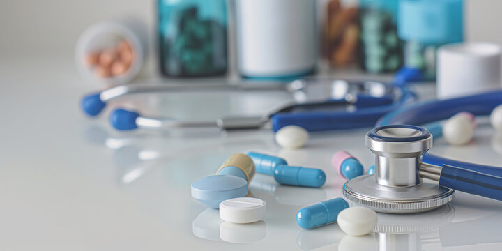 Stethoscope surrounded by various pills and bottles for medical purposes, focused on health and wellness tools. - Powered by Adobe