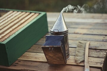 Rural and natural beekeeper, working to collect honey from hives