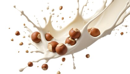 Fototapeta premium Hazelnuts splashing in a stream of creamy liquid, with droplets and splashes creating a dynamic effect against a white background