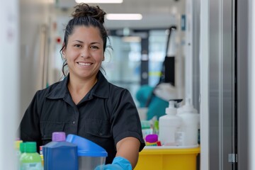 Smiling Female Janitor with Cleaning Supplies